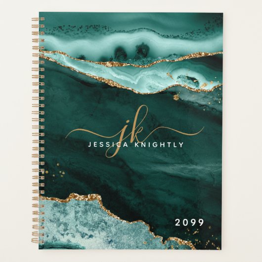 Türkise Agate Gold Glitzer Script Monogram Swash Planer (Vorderseite)