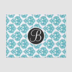 Türkise Aqua Glam Damast Monogramm Buchstabe Initi Seidenpapier