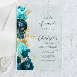 Türkise Aquagoldene Blumen-Script-Hochzeit Acryleinladungen