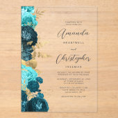 Türkise Aquagoldene Blumen-Script-Hochzeit Acryleinladungen (Vorderseite)