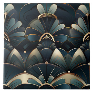 Türkise Art Deco Blumenfächer mit goldenen Linien Fliese
