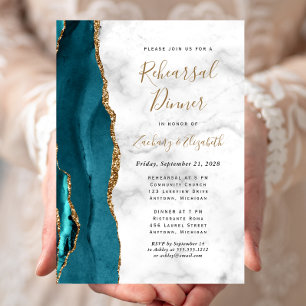 Türkise Blaue Gold Achat Hochzeitsprobe Abendessen Einladung