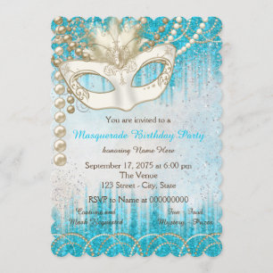 Türkise blaue Perlmutt-Watercolor-Maskenball-Party Einladung