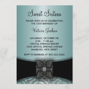 Türkise Blaue Schwarze Damast Sweet Sixteen Party Einladung