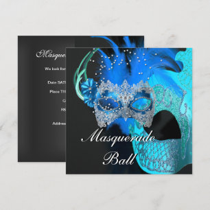 Türkise Blaue Schwarze Masken Maskenball-Party Einladung