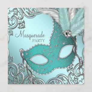 Türkise Blaue Silberne Masken Maskenball Party Einladung