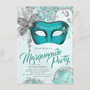 Türkise Blaue Silberne Sweet 16-Maskenball-Party Einladung