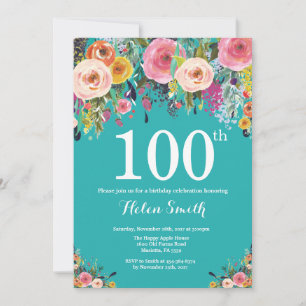Türkise Blumen-Einladung zum 100. Geburtstag Einladung