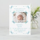 Türkise Bows Baby Foto Geburtskarte Ankündigung (Stehend Vorderseite)