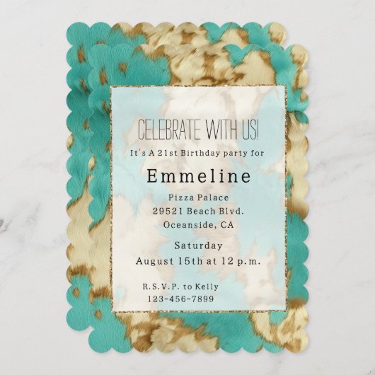 Türkise Brown Cowhide Western Cowgirl Einladung (Vorne/Hinten)