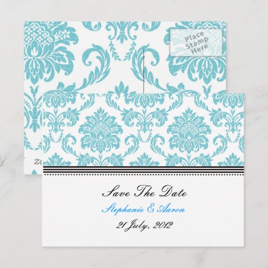 Türkise Damask Save the Date Postkarte (Vorne/Hinten)
