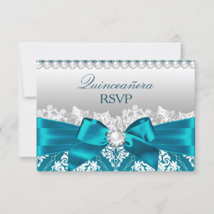 Türkise Damast-Perlen-Bogen-Quinceanera-RSVP RSVP Karte