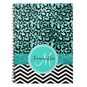 Türkise Faux Glitter Leopardenprint Monogramm Notizblock