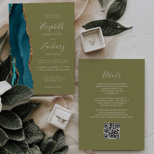 Türkise Gold-Achat-Olivgrüne QR-Code-Hochzeit Einladung