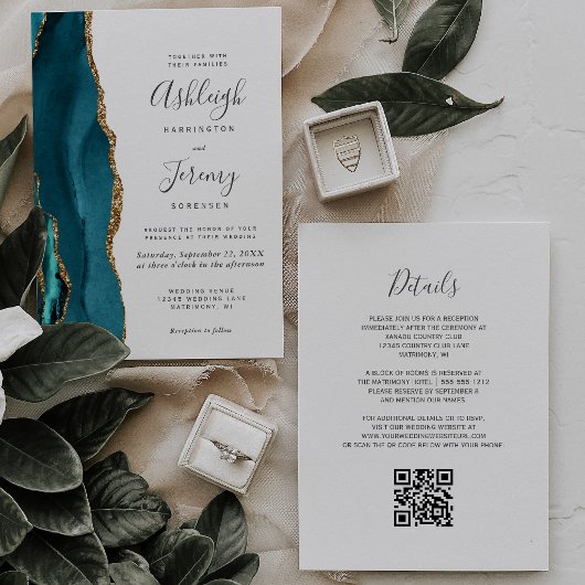 Türkise Gold-Achat-QR-Code-Hochzeit Einladung