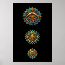 Türkise Gold-Lotus-Mandala-Augen-Kunst - Grafik Poster