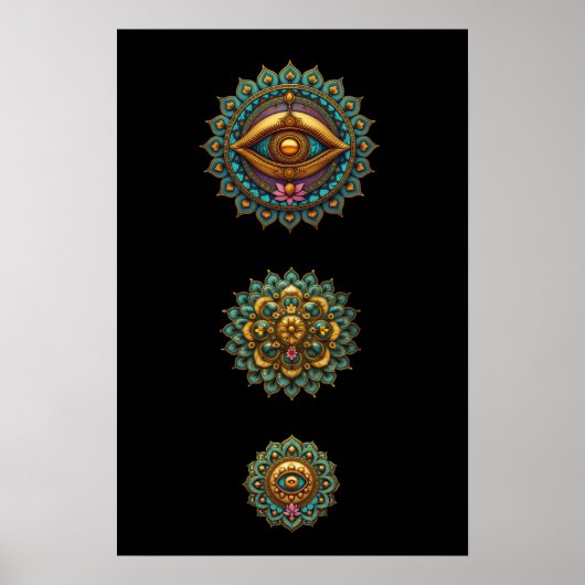 Türkise Gold-Lotus-Mandala-Augen-Kunst - Grafik Poster (Vorne)