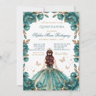 Türkise Goldene Prinzessin Florale Tiara Quinceañe Einladung