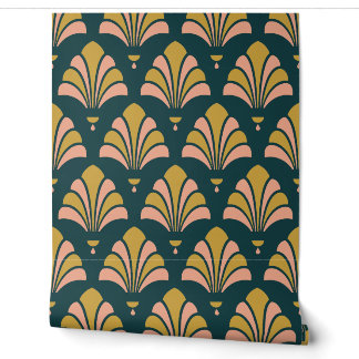 Türkise, goldene und pfirsichfarbene Art Deco Palm Tapete