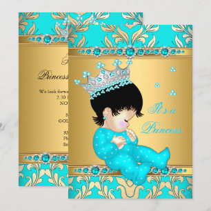 Türkise Goldperlen Prinzessin Baby Shower Brünette Einladung