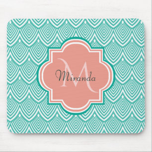 Türkise grüne Art Deco-Fischschuppen rosa Monogram Mousepad