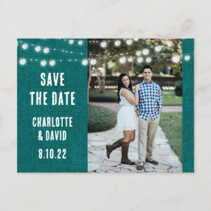 Türkise Jute Rustikale Hochzeitsfoto Save The Date Ankündigungspostkarte