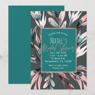 Türkise Korallen Graue Aquarell Botanische Bridal Einladung
