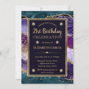 Türkise, lila und goldene Glitter-Achat-Geburtstag Einladung