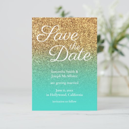 Türkise Ombre Gold Glitzer Foto Save the Date Einladung (Stehend Vorderseite)