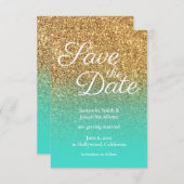 Türkise Ombre Gold Glitzer Foto Save the Date Einladung (Vorne/Hinten)