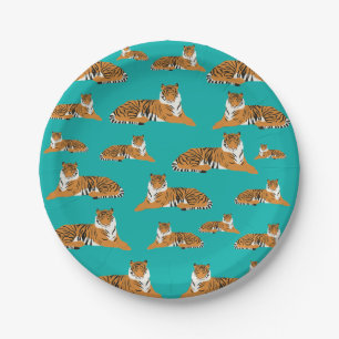 Türkise Orange Dschungel-Tiger-Tier-Muster Pappteller