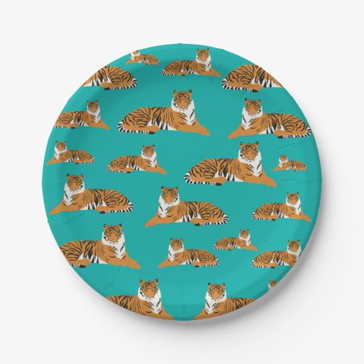 Türkise Orange Dschungel-Tiger-Tier-Muster Pappteller (Vorderseite)