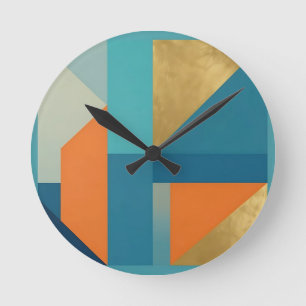 Türkise Orangefarbene Geometrische Abstraktion Runde Wanduhr
