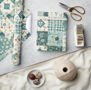 Türkise Patchwork-Quilt-Gingham-Cottagecore-Blumen Geschenkpapier
