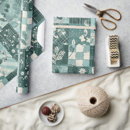 Türkise Patchwork-Quilt-Gingham-Cottagecore-Blumen Geschenkpapier