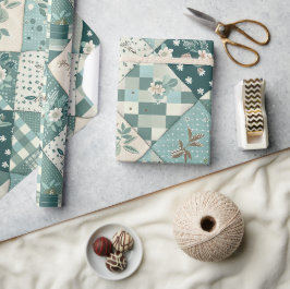 Türkise Patchwork-Quilt-Gingham-Cottagecore-Blumen Geschenkpapier