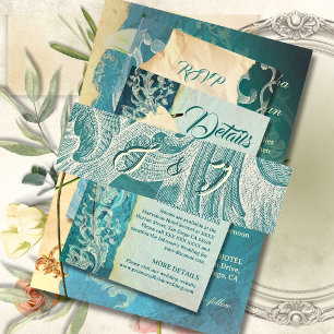 Türkise Rokoko-Schriftrolle mit elegantem Monogram Einladungsbanderole
