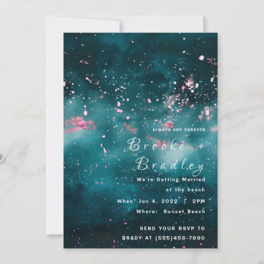 Türkise & Rosa Kosmische Spritzhochzeit Einladung (Vorderseite)