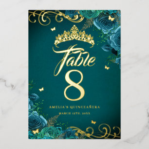 Türkise Rosen-Schwirbel-Quinceanera Goldene Tischn Folieneinladung