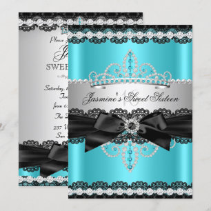 Türkise Silber-Schwarze Spitze Sweet 16 Geburtstag Einladung
