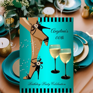 Türkise Streifen Schwarze Schuhe Weinglas Geburtst Einladung