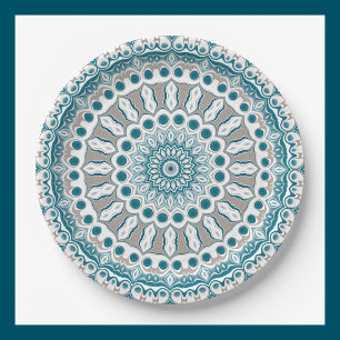 Türkise und Elfenbeinfarbene Mandala-Muster-Design Pappteller