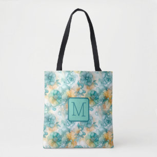 Türkise und gelbe Blumen Farbblock-Monogramm Tasche