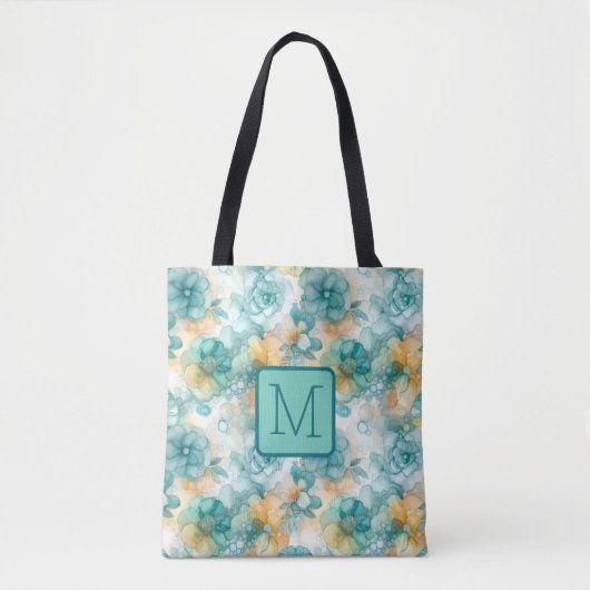 Türkise und gelbe Blumen Farbblock-Monogramm Tasche (Vorderseite)