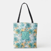 Türkise und gelbe Blumen Farbblock-Monogramm Tasche (Rückseite)