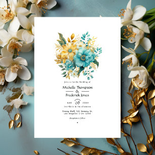Türkise und goldene Blumenhochzeit Einladung