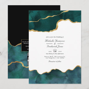 Türkise und goldene Geode-Achat-QR-Code-RSVP-Hochz Einladung