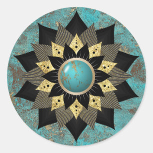 Türkise und goldene Lotusblumen-Mandala Elegant Runder Aufkleber