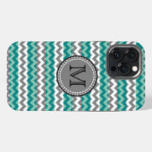 Türkise und graue Chevron-Zickzack-Monogramm iPhone Hülle (Rückseite (Horizontal))