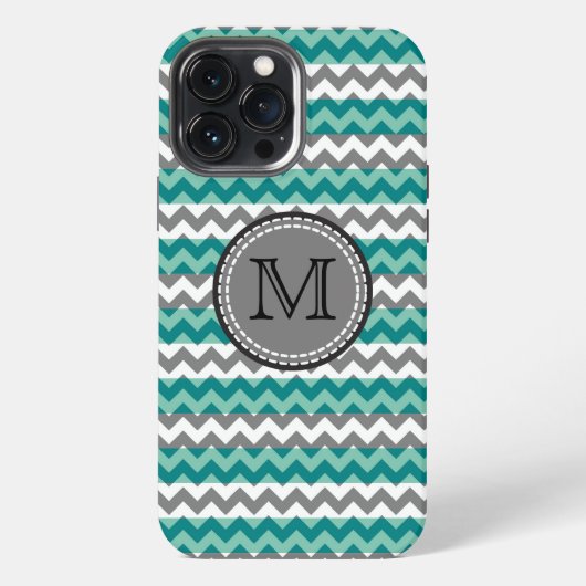 Türkise und graue Chevron-Zickzack-Monogramm iPhone Hülle (Rückseite)